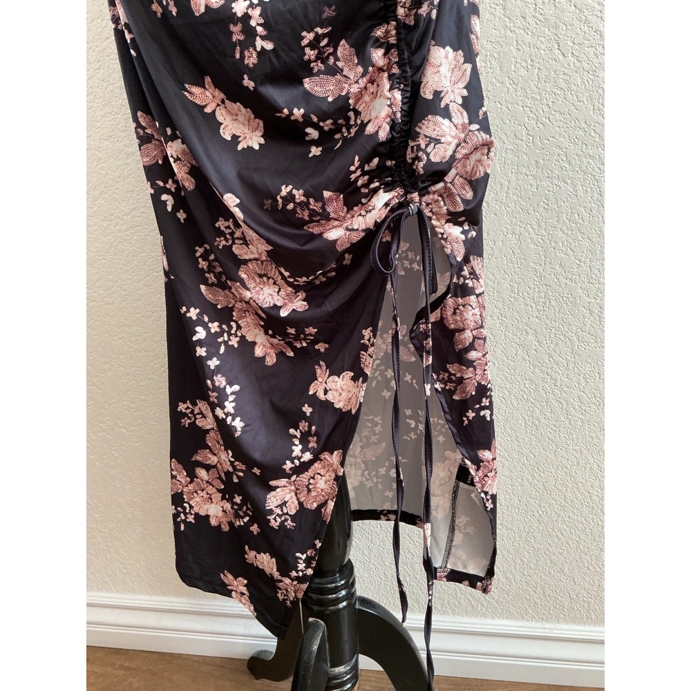 SHEIN SXY Midi Dress XL Black Pink Floral Cutout Ruched Side Slit Twist Front - Picture 5 of 10
